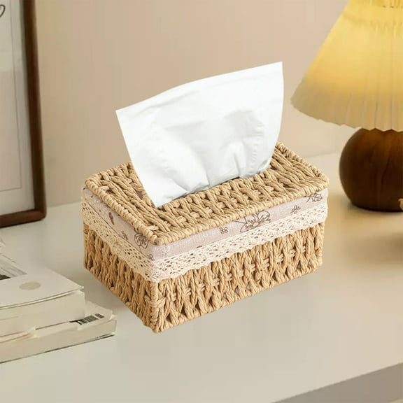 Rattan Tissue Box Cover, Hand Woven Straw Desktop Tissue Holder, Decorative Storage for Facial Napkins, Suitable for Bedroom, Living Room, Bathroom