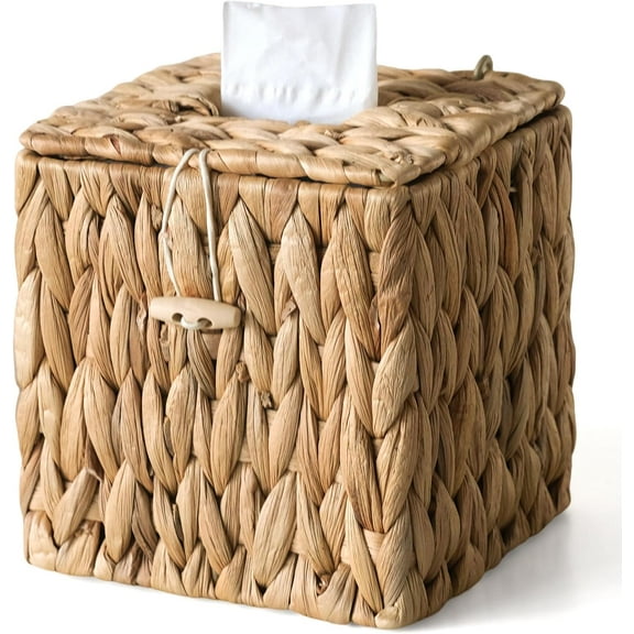 Rattan Tissue Box Cover with Lid, Wicker Tissue Box Holder Square, Hand Woven Cube Tissue Box Cover Tissue Holder for Bathroom Living Room Kitchen Office, Natural