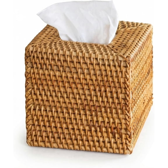 Rattan Tissue Box Cover, Natural Woven Wicker Tissue Box Holder, Square Boho Decorative Facial Tissue Holder for Bathroom, Living Room, Kitchen or Desk, 5.5 x 5.5 x 5.9 Inch