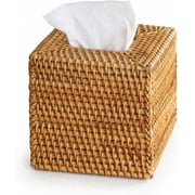 Rattan Tissue Box Cover, Natural Woven Wicker Tissue Box Holder, Square Boho Decorative Facial Tissue Holder for Bathroom, Living Room, Kitchen or Desk, 5.5 x 5.5 x 5.9 Inch