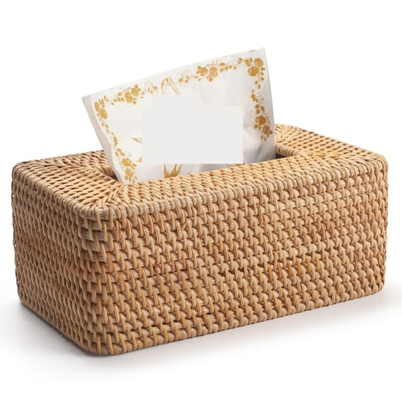Rattan Tissue Box Cover, Rectangular Wicker Tissue Box Holder, Decorative Woven Facial Tissue Holder for Bathroom, Kitchen, Living Room, Bedroom (Natural)