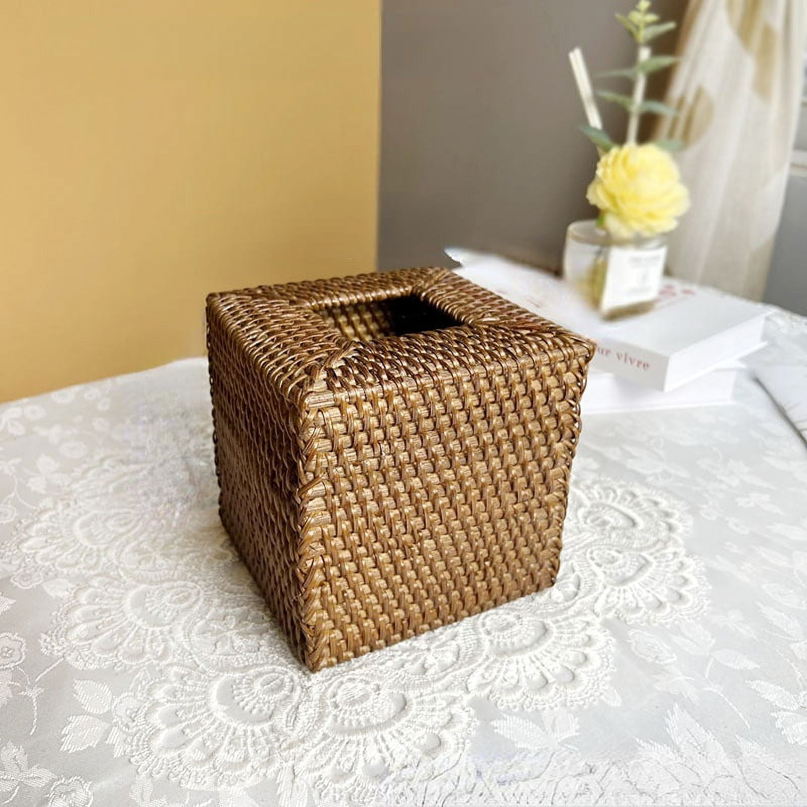 Rattan Tissue Box Cover Square, Hand Woven Wicker Tissue Holder, 5.5 x
