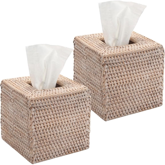 Rattan Tissue Box Cover Square, Wicker Tissue Box Holder, Decorative Woven Facial Tissue Holder for Bathroom, Kitchen, Living Room, Bedroom (Whitewash)