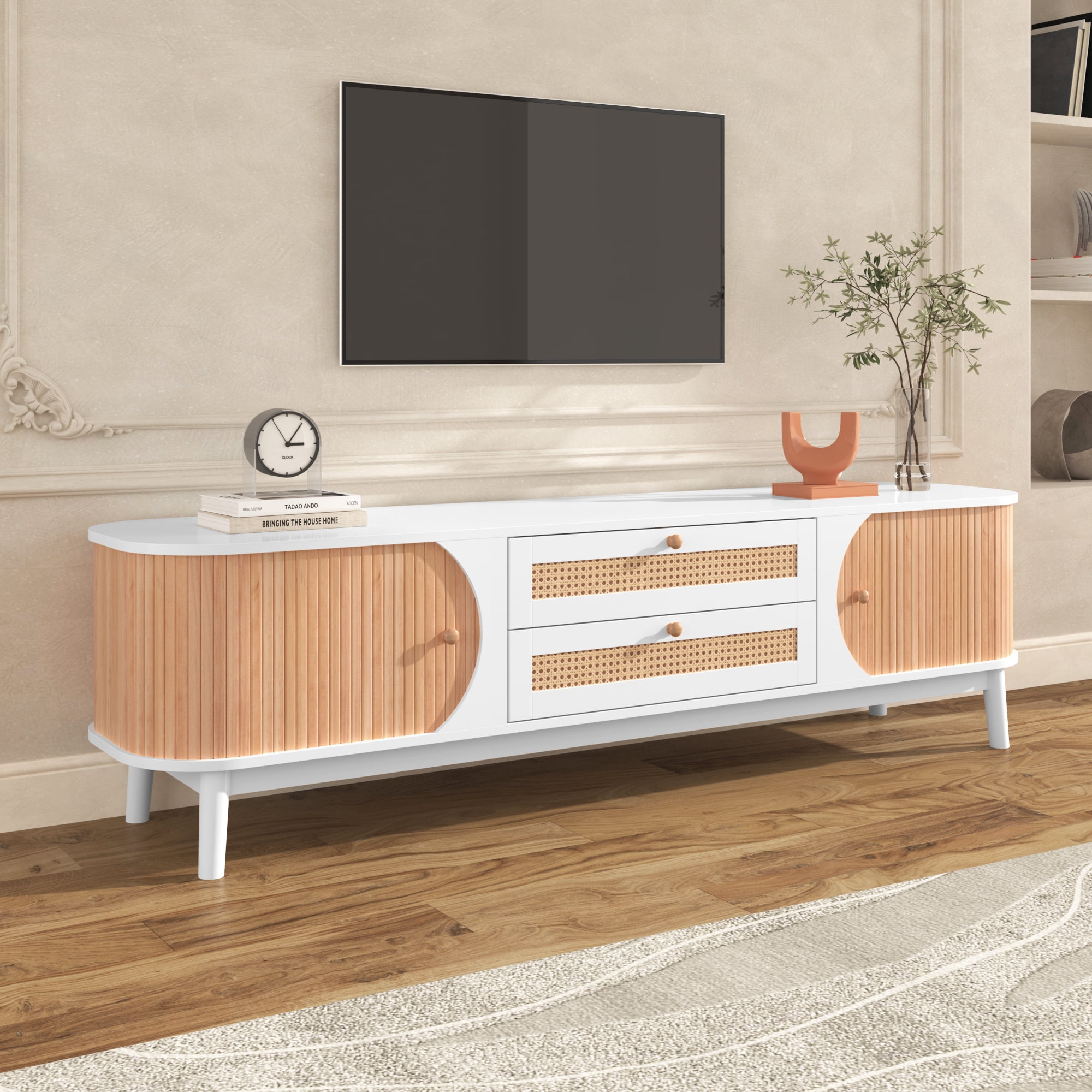 Rattan TV Stand for TVs up to 85'', Modern Farmhouse Media Console, Entertainment Center with Solid Wood Legs, TV Cabinet for Living Room,Home Theatre