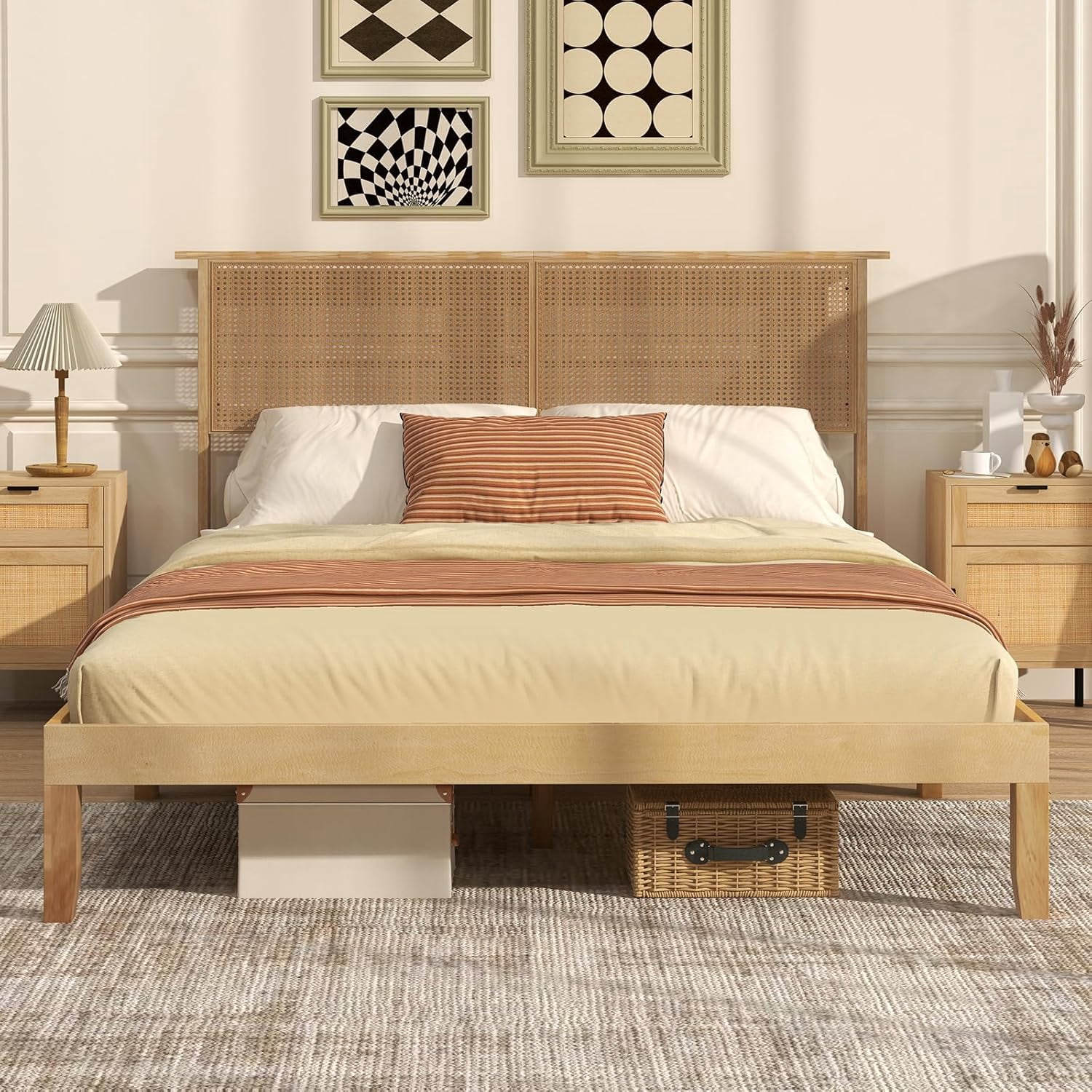 Rattan Twin Bed Frames with Rattan Headboard Boho Solid Wood Platform Bed with Wooden Slats 12 ...