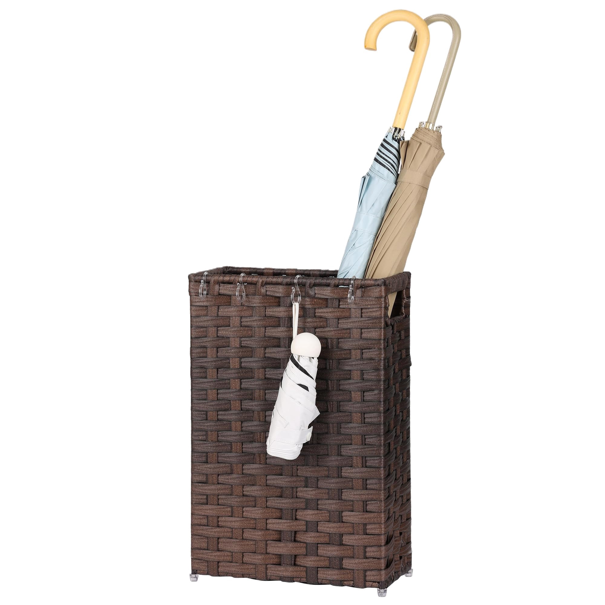 Rattan Umbrella Stand, Umbrella Holder for Entryway, Hand Woven Umbrella Rack Organizer Freestanding, with a Detachable Drip Tray, 4 Hooks, 11.8" L x 5.5" W x 16.5" H