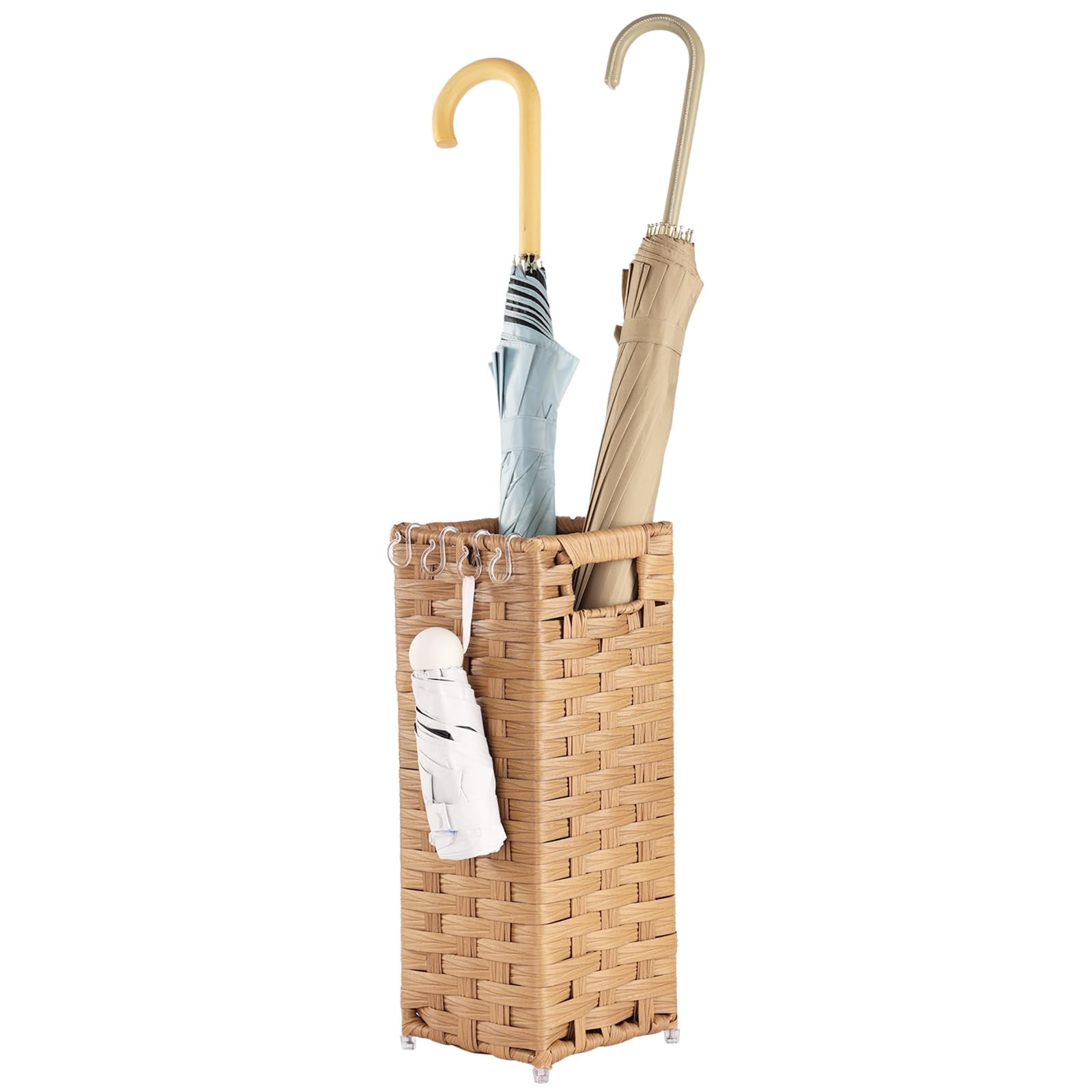Rattan Umbrella Stand, Umbrella Holder for Entryway, Hand Woven Umbrella Rack Organizer Freestanding, with a Detachable Drip Tray, 4 Hooks, 11.8" L x 5.5" W x 16.5" H