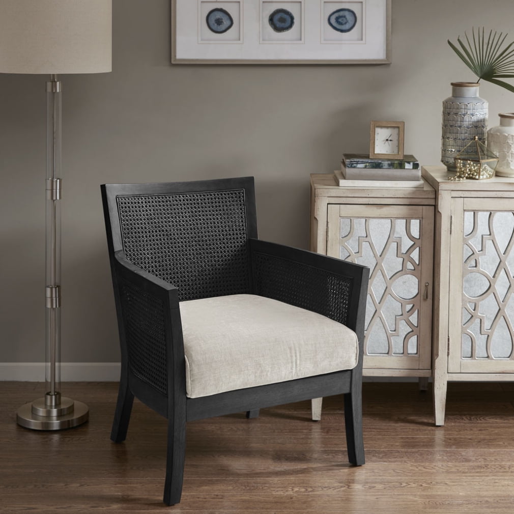 Black Cane and Beige Upholstered Accent Chair with Dark Wood Frame