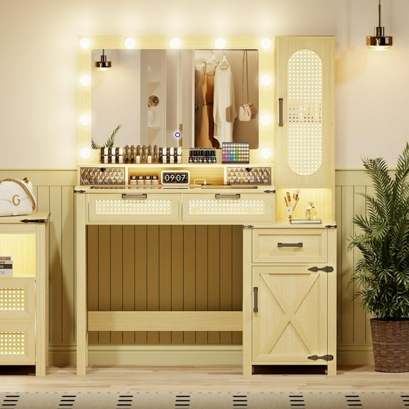 Rattan Vanity Desk with Mirror and Lights, Makeup Vanity with Glass Top Design & Charging Station, Wooden Vanity Set with Hollywood Mirror & Drawers for Bedroom, Rustic Wood