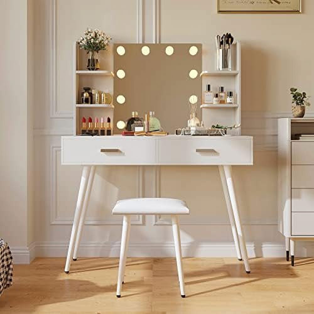 Rattan Vanity Desk Vanity Mirror with Lights and Table Set with 4