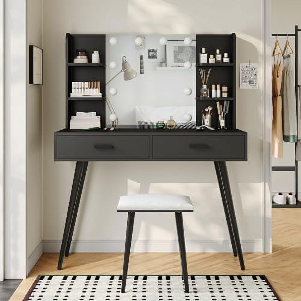 Rattan Vanity Desk Vanity Mirror with Lights and Table Set with 4