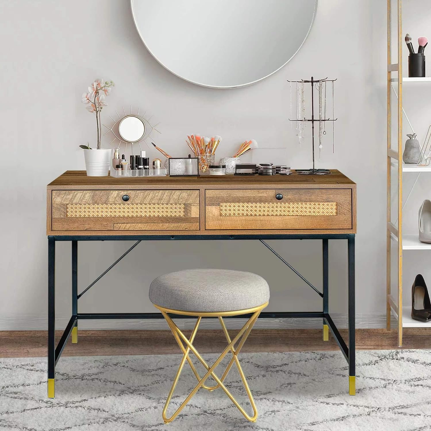 Rattan Vanity Desk With Drawers (No Mirror), 40 Inch Century Vintage