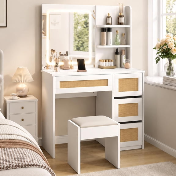 Rattan Vanity Desk with LED Lighted Mirror and Stool, Makeup Vanity Table with 4 Drawers, Open Shelves and Large Storage for Bedroom, White & Natural