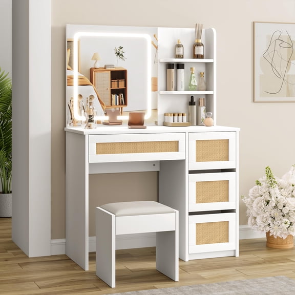 Rattan Vanity Desk with Mirror & Lights, Boho Makeup Table with 4 Drawers, 3 Open Shelves, Large Storage Space for Bedroom (White)