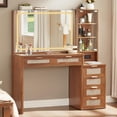 thumbnail image 1 of Rattan Vanity Makeup Desk with Vanity Mirror, Built-in Lights, 6 Drawers, Power Outlets, Makeup Desk for Bedroom, White & Gold, Tea Brown, 1 of 7