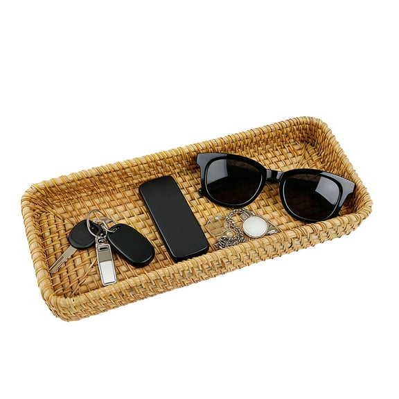 Rattan Vanity Tray and Toilet Tank Basket for Bathroom Storage Long Narrow Hand Towel Organizer (10.6 x 4.3 x 1.57 inch)