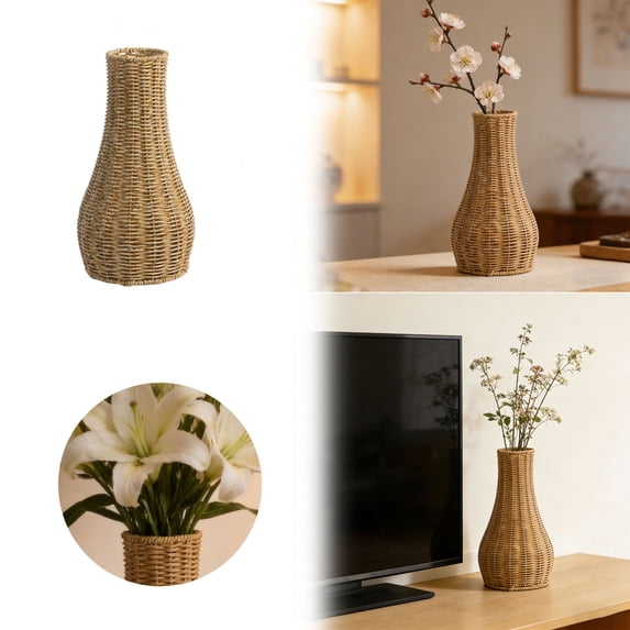 Rattan Vase for Flowers, 13.78" Rustic Woven Wicker Vase for Boho Home Decor, Dark Brown Imitation Rattan Flower Basket, Farmhouse Desktop Centerpiece for Pampas Grass, Dried Floral Arrangement