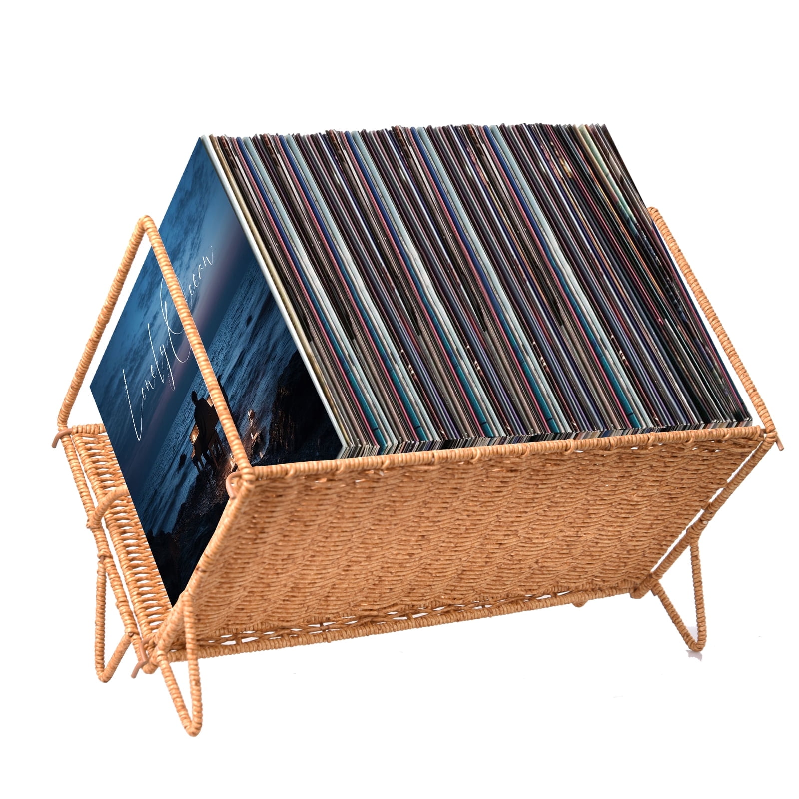 Waxgamo Woven Vinyl Record Holder Stand, Magazine Holders Desktop Bookshelf Storage Rack, Holds up to 80 LPs, Stylish Design Organizer Rack for Files Book Notebook Vinyl Record