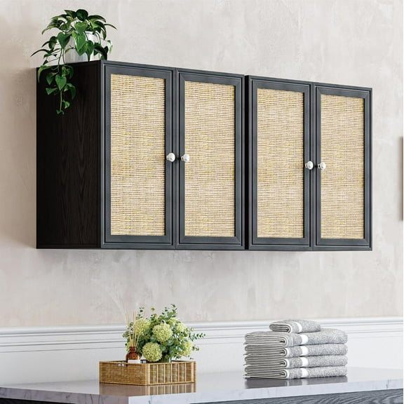 Rattan Wall Cabinets Set - 24" Kitchen Wall Mounted Storage Cabinets with 2 Paper Rattan Doors and Shlelf Adjustable in Laundry or Bathroom Over The Toilet,One Set of 2 Pcs, in Black