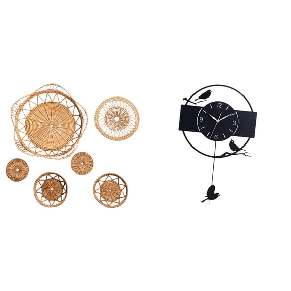 Rattan Wall Hanging Decor Bird Clock Black Acrylic Swing Pendulum Ornamental Set for Living Room Bedroom Entryway