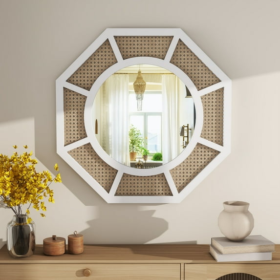 Rattan Wall Mirror Handmade Boho Rattan Round Rattan Mirror with Wooden Framed for Wall Decor Living Room, Entryway