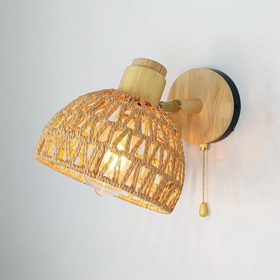 Rattan Wall Sconce Light with Pull Chain Switch, Rattan Lamps for Bedroom, Farmhouse Wall Sconces, Wall Mount Light Fixture Indoor, Boho Bedside Wall Sconces (Round Braided Shade)
