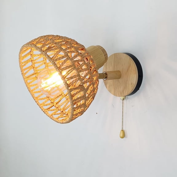 Rattan Wall Sconce Light with Pull Chain Switch, Rattan Lamps for Bedroom, Farmhouse Wall Sconces, Wall Mount Light Fixture Indoor, Boho Bedside Wall Sconces (Round Braided Shade)