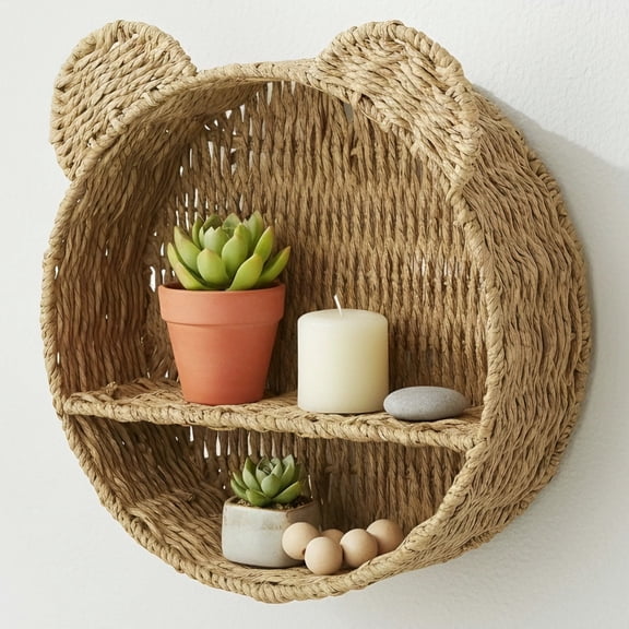 Rattan Wall Shelf Bear, Rustic Double-layer Paper Rope Hanging Organizer, Floating Display Basket for Bedroom, Bathroom Decor