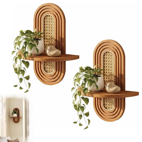 Rattan Wall Shelf for Plants, Floating Wall Shelves, Rattan Plant Display, Natural Wood & Hand Woven, Durable and Sturdy Construction Unique Corner Wicker Shelf for Bathroom & Bedroom(Walnut*2)