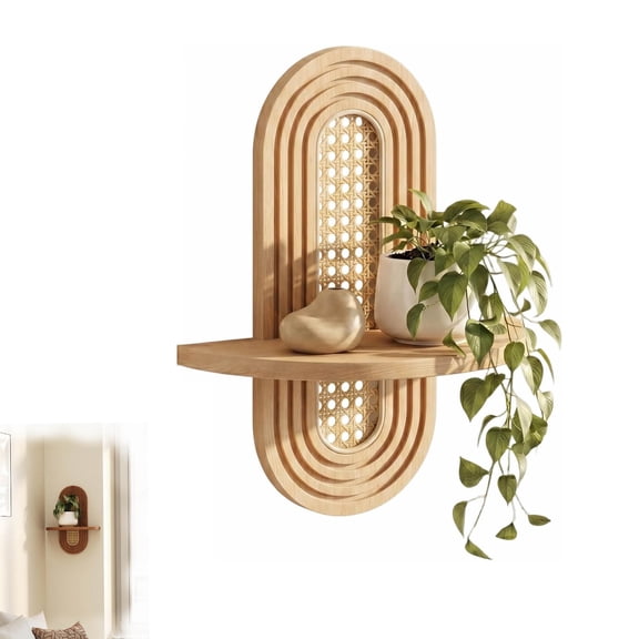 Rattan Wall Shelf for Plants, Floating Wall Shelves, Rattan Plant Display, Natural Wood & Hand Woven, Durable and Sturdy Construction Unique Corner Wicker Shelf for Bathroom & Bedroom(Natural)