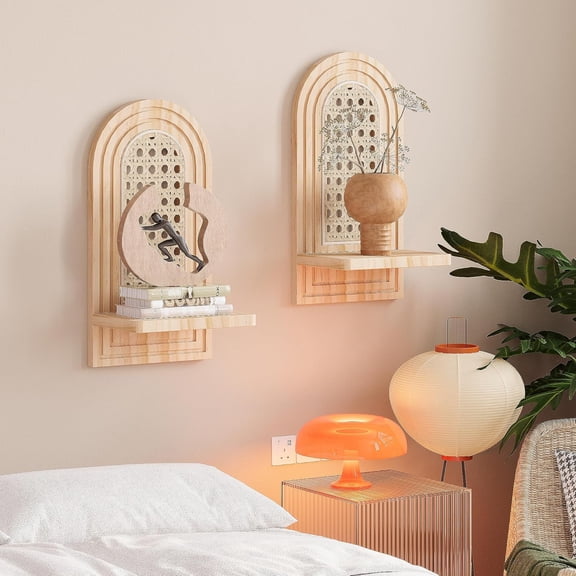 Rattan Wall Shelf Set of 2, 7'' Natural Floating Shelves Boho Decor, Rustic Wood Arched Rattan Wall Mounted Storage Shelves for Plant Figurines Display, Wicker Shelf for Living Room Nursery Bedroom