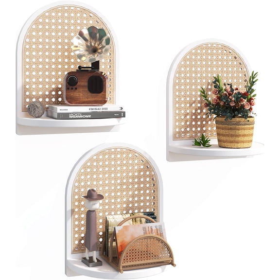 Rattan Wall Shelf Set of 3, 7''White Rattan Shelves with Wicker Decor, Boho Decor Small Floating Shelves for Wall, Arched Shelf for Plant Figurines Display,Mini Shelves for Knick Knack Storage