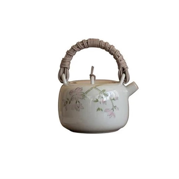 Rattan Weaving Lifting Beam Pot Hand-painted Magnolia Flowers Kettle Tea Making Pot Imitation Ancient Blue Ceramic Teapot 200ml