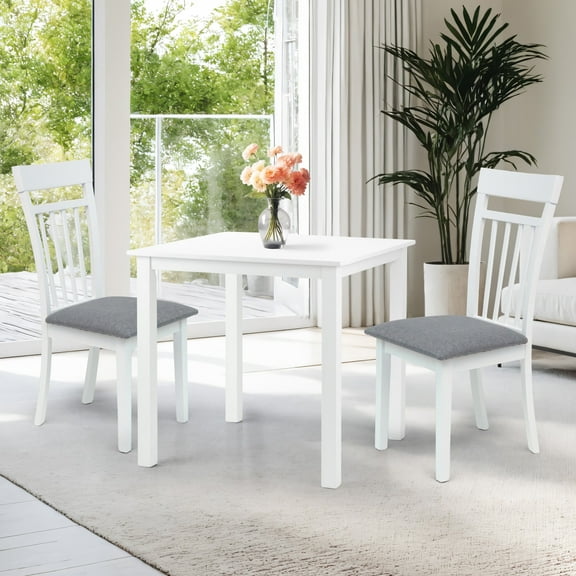 Rattan Wicker Furniture 3 Pc Dining Kitchen Set Square Table and 2 Warm Chairs Classic Style Solid Wood in White Finish