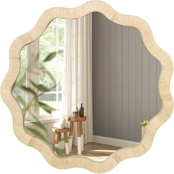 Rattan Wicker Mirror for Bathroom, 30 Inch Boho Woven Decorative for Wall, Rustic Farmhouse Vanity Mirror, Geometric Scalloped Rattan Mirrors for Living Room Entryway Bathroom Bedroom