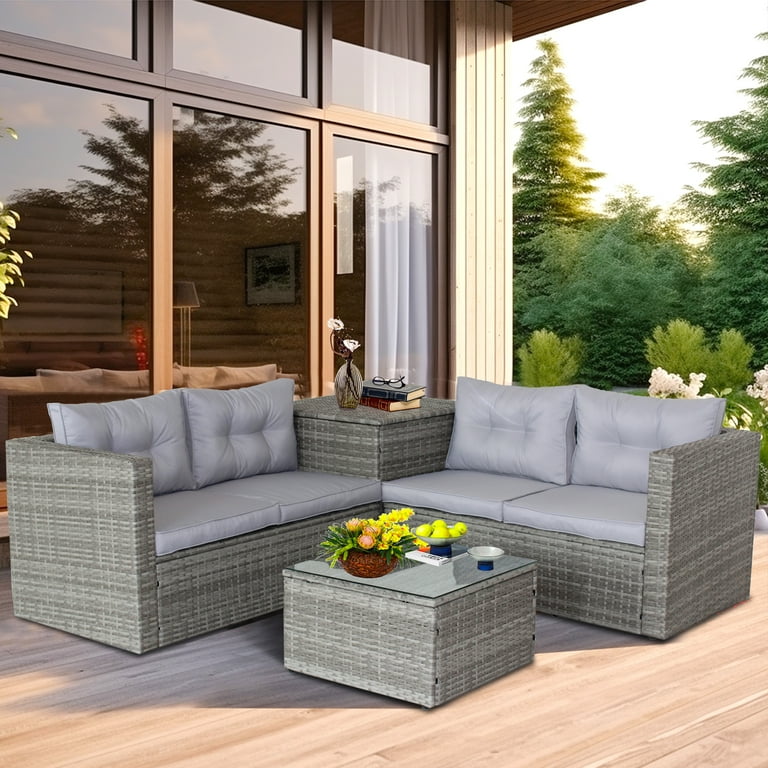 Rattan Wicker Patio Furniture 4 Piece Outdoor Conversation Set With Storage Ottoman All Weather Sectional Sofa Gray Cushions And Table For