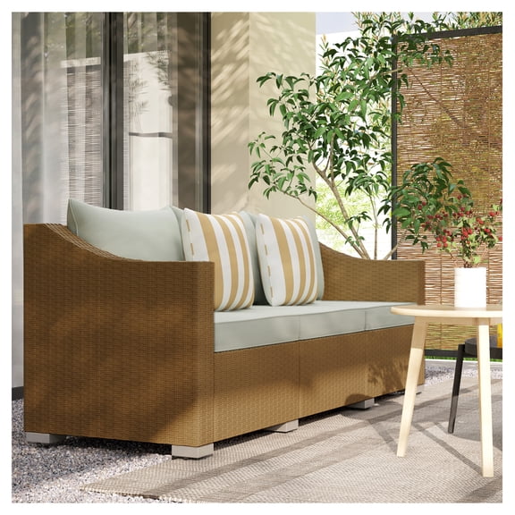 Rattan Wicker Patio Sofa, 3 Seater Outdoor Couch with Cushions & Pillows, Light Gray