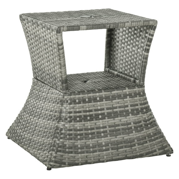 Rattan Wicker Side Table with Umbrella Hole - Outdoor Patio Table with 2 Tier Storage - All Weather for Garden, Backyard, Mixed Grey Grey + Metal