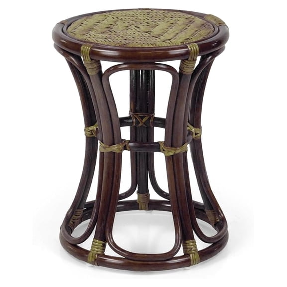 Rattan Wicker Stool - 14 Inch Round Accent Seat - Fully Assembled Dark Brown - Indoor Tropical Style Furniture for Living Room, Bedroom, Patio
