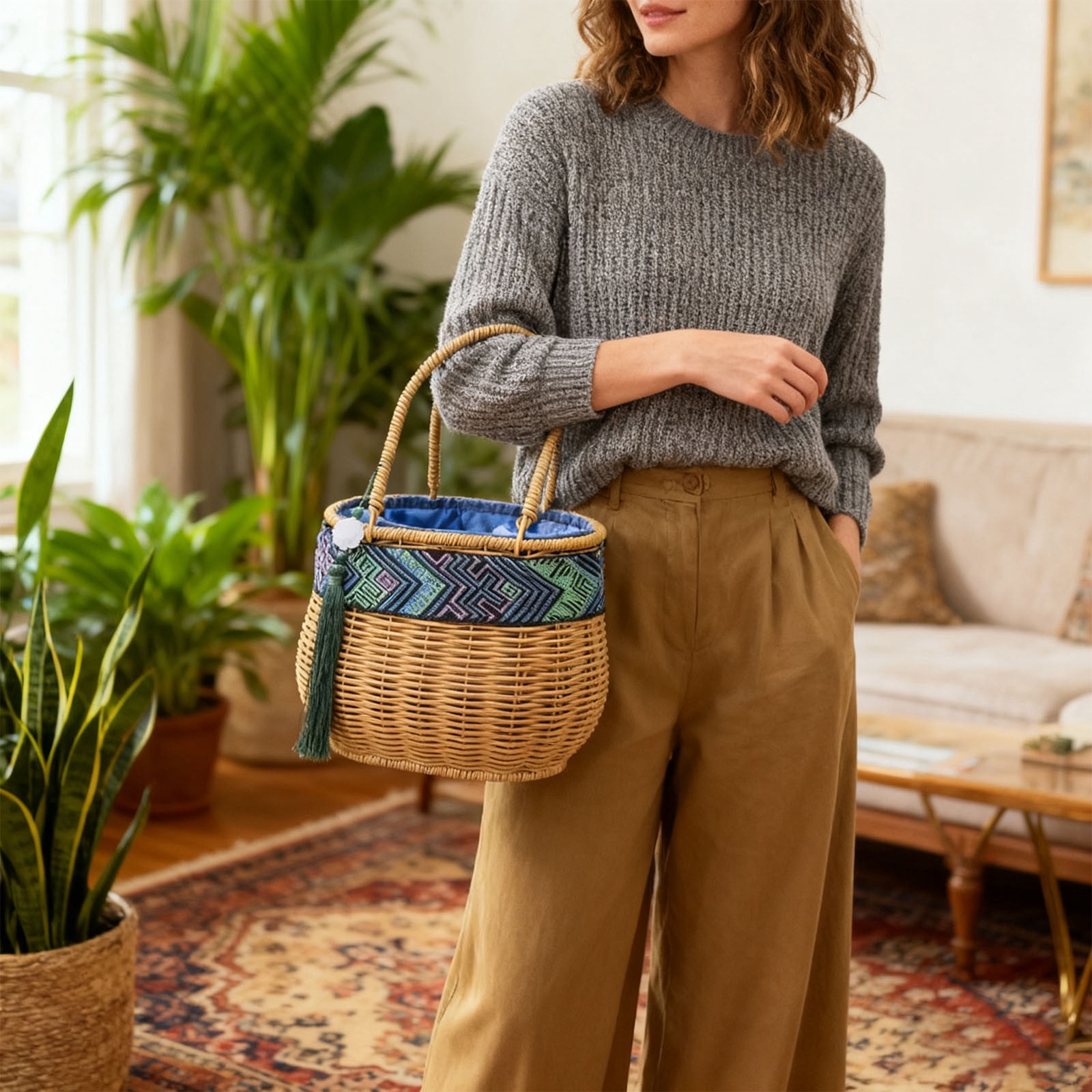 Rattan Wicker Woven Basket with Handle, Portable Garden Harvest Basket Wicker Storage Baskets for Picnic, Easter, Organizing, Gathering Vegetables (Brown, 21x13x16cm)