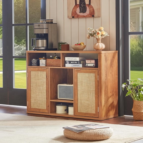 Rattan Wine Cabinet with 2 Doors, Boho Liquor Cabinet with Wine Racks, Farmhouse Coffee Bar Station for Living Room, Dining Room, Kitchen, Tea Brown