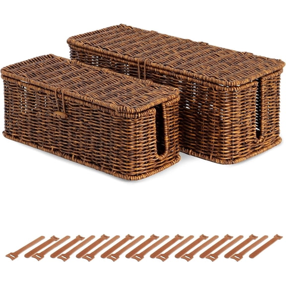 Rattan Wire Storage Box, Cord Organizer for Desk Cord Hider Outlet Covers for Power Strip TV PC Router Charger Under Desk Management Box