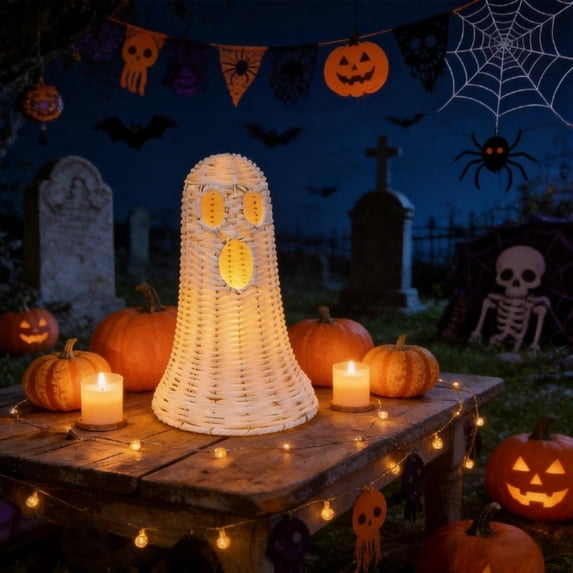 Rattan Witch Hat and Wicker Ghost Halloween Decor,Handwoven Ornament for Home Party Porch(C)