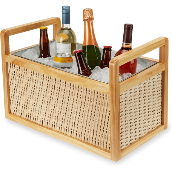 Rattan and Wood Bottle Cooler Basket, Beverage Tubs for Parties, Beverage Chiller Ice Bucket for Drinks with Handles, Holds 8 Wine Bottles or 6.5 Gallons Set of 1