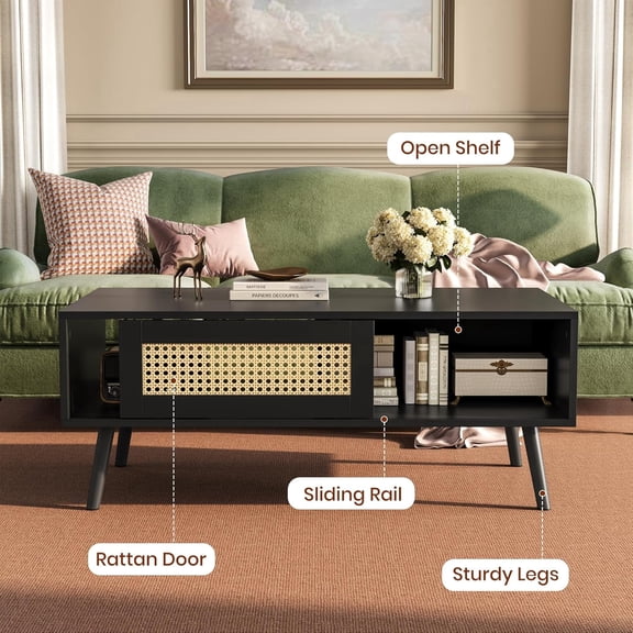 Rattan Wood Dining Table, Rattan Coffee Table with Storage, Farmhouse Boho Center Sofa Table with Sliding Door and Open Shelf for Living Room, Bedroom