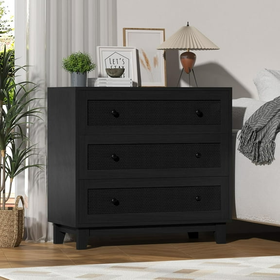 Rattan & Wooden 3-Drawer Dresser for Bedroom, Short Chests of Drawers for Clothes Organizer, Durable Nightstand with Ample Storage, Farmhouse Boho Side Table for Hallway