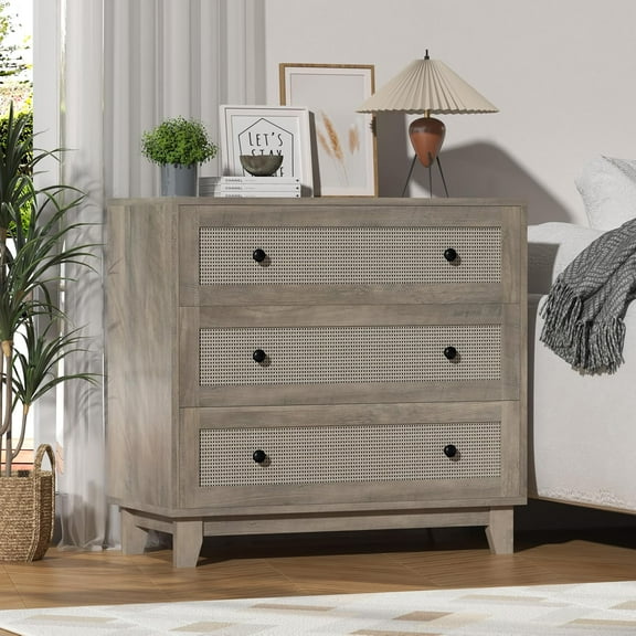 Rattan & Wooden 3-Drawer Dresser for Bedroom, Short Chests of Drawers for Clothes Organizer, Durable Nightstand with Ample Storage, Farmhouse Boho Side Table for Hallway