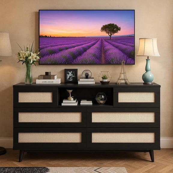 Rattan Wooden Dresser for Bedroom with 6 Drawers, 47" Wide Modern Dresser with Charging Station, Lights