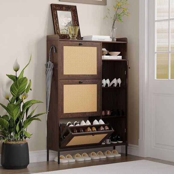 Rattan Wooden Shoe Cabinet, Freestanding 3 Flip Drawer Shoe Storage Organizer, Side Cabinet & Top Fence, Easy Assembly Shoe Rack for Entryway Hallway Living Room, Deep Cherry