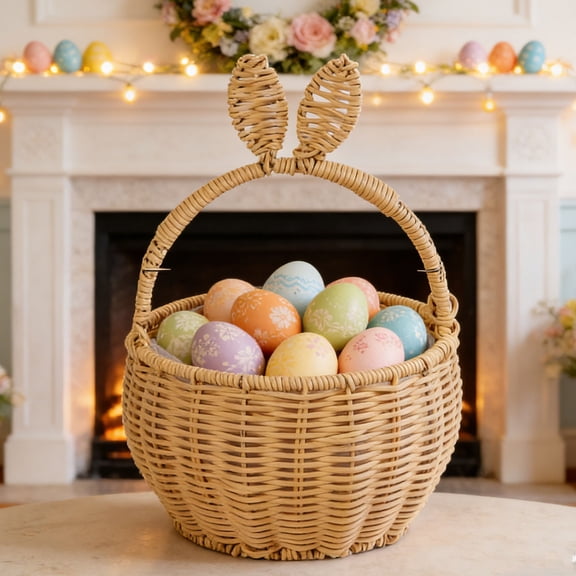 Rattan Woven Easter Bunny Basket with Handle, Handmade Bunny Ears Picnic Basket, for Egg Hunt Party Candy Storage, 11.02x7.87x11.02in, Beige